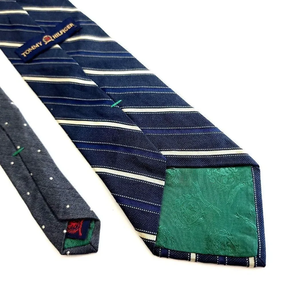 Tommy‎ Hilfiger Woven Blue Tan Striped W/ Gray Two Tone Polka Dot Silk Tie